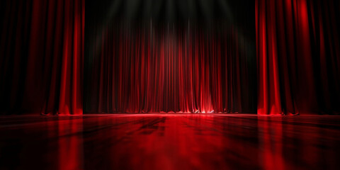 Dramatic red stage curtain with intense lighting creating a captivating and luxurious ambiance in a theatrical setting with reflections on the floor

