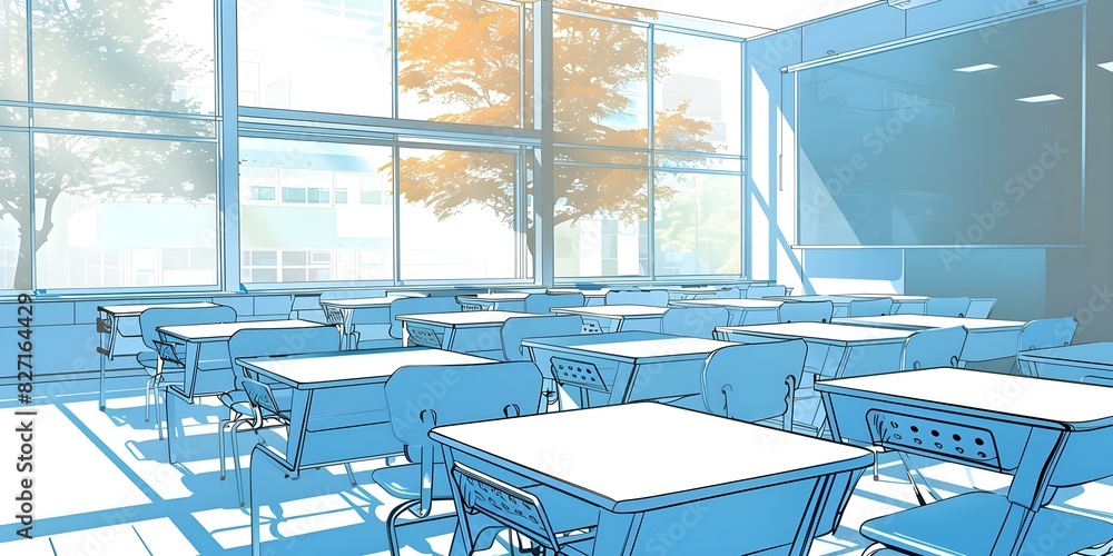 Poster creating a classroom scene with desks and a chalkboard: a looping animation. concept classroom scene