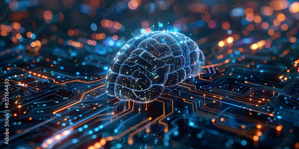 Poster illustration of artificial intelligence and big data concepts through a futuristic business d model.