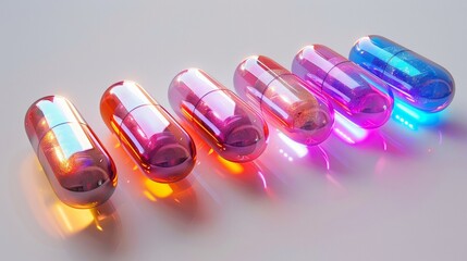 Futuristic medicine capsules in various neon colors on a white background