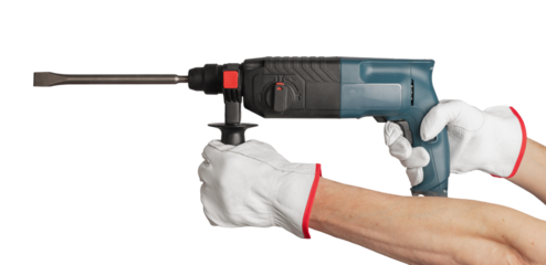 Equipment for drilling and work repair. Construct industrial hand with instrument. Electric worker with power screwdriver. Device and metal object for male. House and home, transparent background