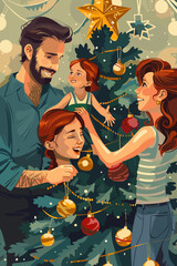 Young Couple and Their Daughter Decorate Christmas Tree at Home, Celebrating New Year's Eve Together

