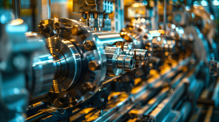 A machine is making a lot of metal parts. The parts are shiny and metallic