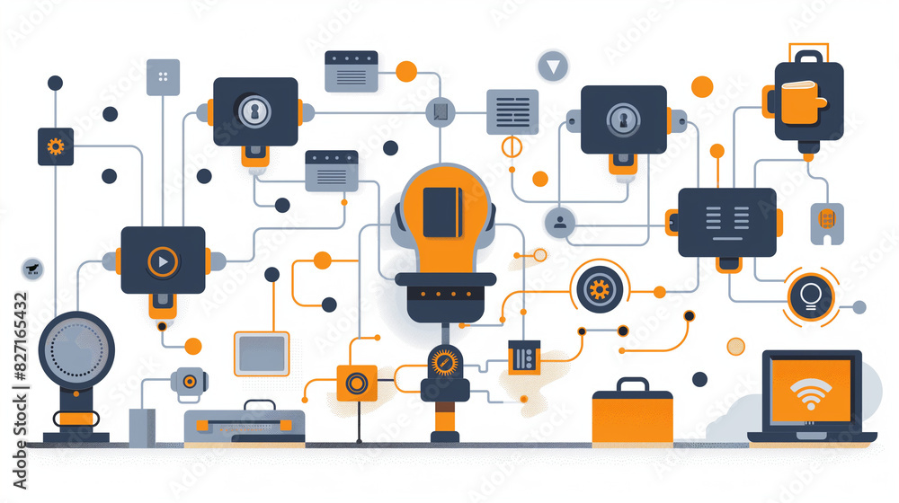 Poster a sleek and modern illustration showing the automated stages of a marketing funnel, with ai elements