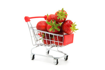 Shopping supermarket cart with fresh organic ripe strawberries isolated on a white background....