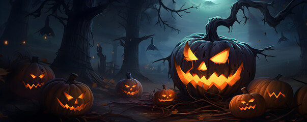 Halloween background with scary pEerie Night in the Forest: Halloween Pumpkins and Batsumpkins candles and bats in a dark forest at night, 