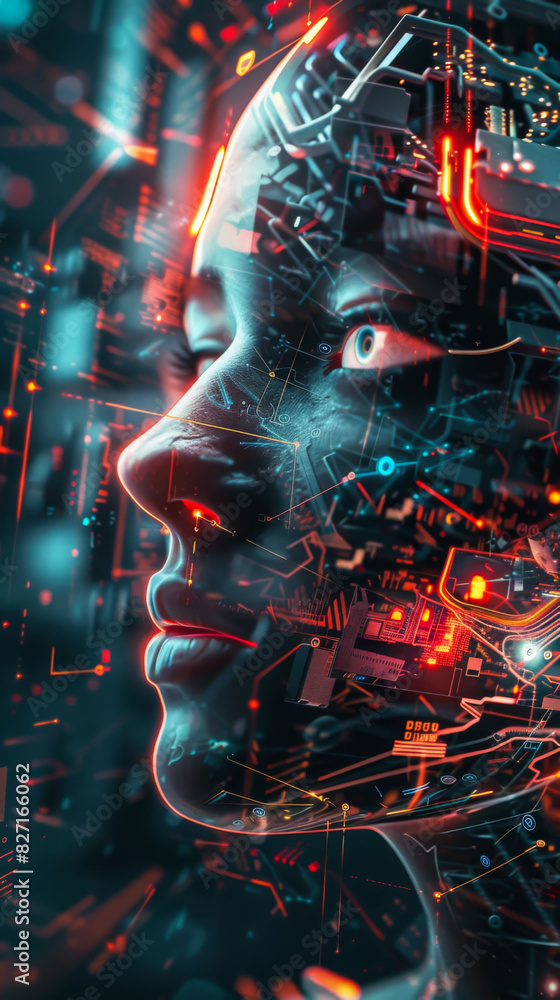 Aufkleber the woman's face is shown on a computer image with many circuits and wires. the image has a futurist