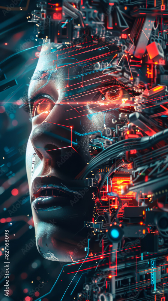 Aufkleber the woman's face is shown on a computer image with many circuits and wires. the image has a futurist
