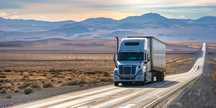 A semi truck drives down a lonely highway through a barren desert landscape.