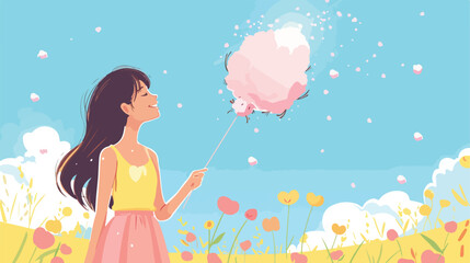 Young woman with cotton candies outdoors on sunny day