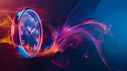 Clock with hands on numbers. The background is a swirl of purple and orange. Retro hand watch on a dark background. Copy space.