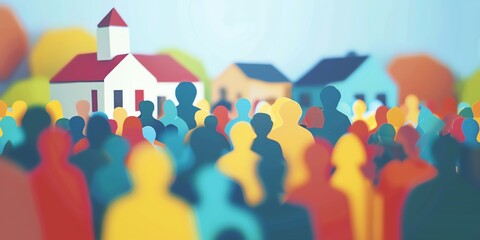 Blurred image of a crowd of colorful people in front of a church.