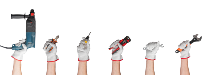 Hand on white background. Work tool glove for man. Equipment finger person symbol repair. Arm black professional service isolated. Concept home sign protection. Construction, transparent background