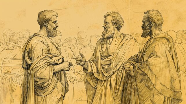 Meeting of Paul and Barnabas in Antioch, Planning First Missionary Journey, Biblical Illustration, Beige Background, Copyspace