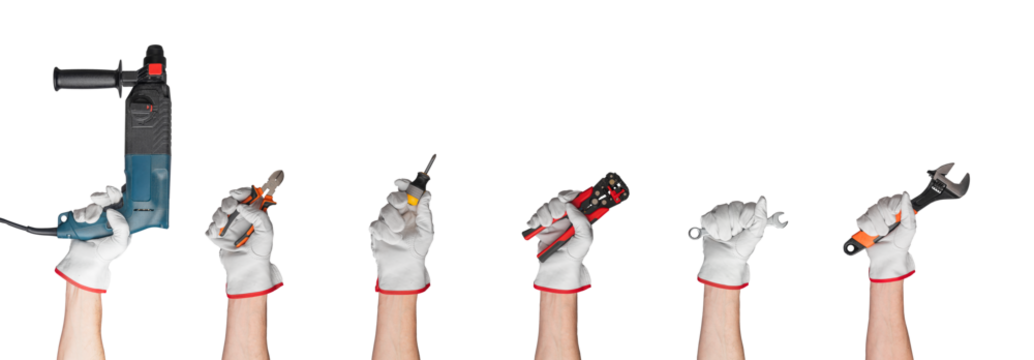 Hand on white background. Work tool glove for man. Equipment finger person symbol repair. Arm black professional service isolated. Concept home sign protection. Construction, transparent background