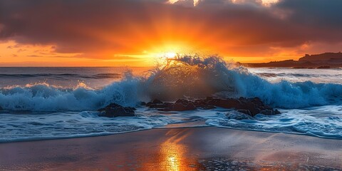 Fototapeta premium Golden sunset illuminates powerful ocean wave crashing against dark rocks on beach. Concept Nature, Sunset, Ocean, Waves, Rocks