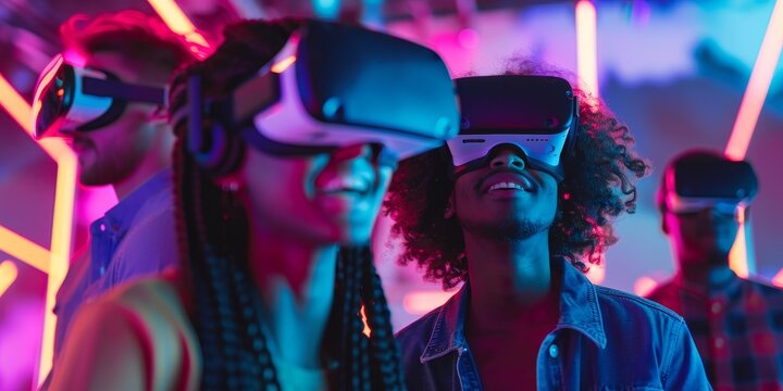 Group of diverse friends using virtual reality headsets at a party