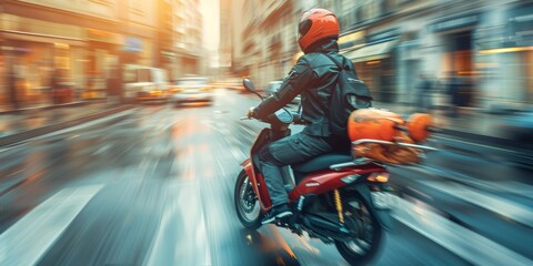 Obraz premium Motorcyclist rides through the city