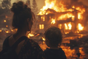 A mother and child look at a burning house in the background, surrounded by intense flames and smoke, creating a dramatic and emotional scene.