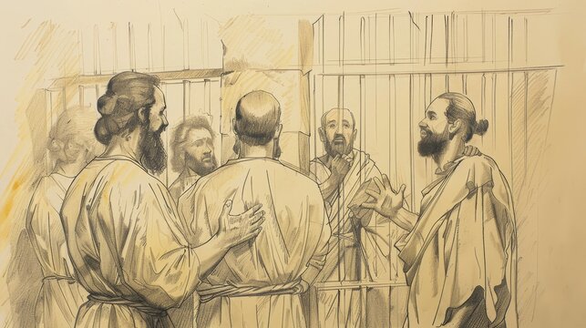 Biblical Illustration of Escape of Paul and Silas from Jail After Earthquake, Jailer Asks How to Be Saved, Beige Background, Copyspace