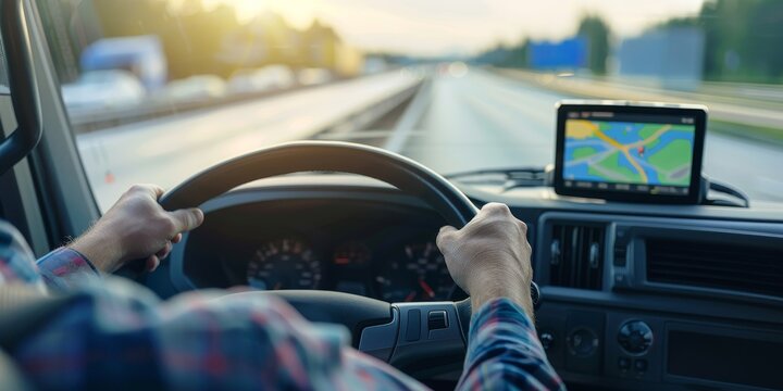 Image of a truck driver using a navigation device while driving on the highway.