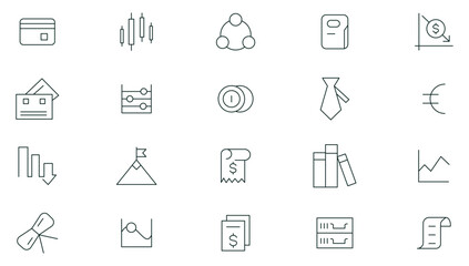 Business and finance line icons set. Company, business, money, bank, check, law, auction, exchange, payment, wallet, deposit, dollar outline icon collection. Thin outline icons pack.