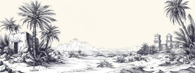 Aged middle east antique turkey orient palm tree oasis scene view with vintage tower dwelling. Outline ink hand drawn picture sketch in retro engraving graphic style with place for text on white sky