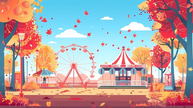 Create a flat design of an autumn fairground with Ferris wheel and games
