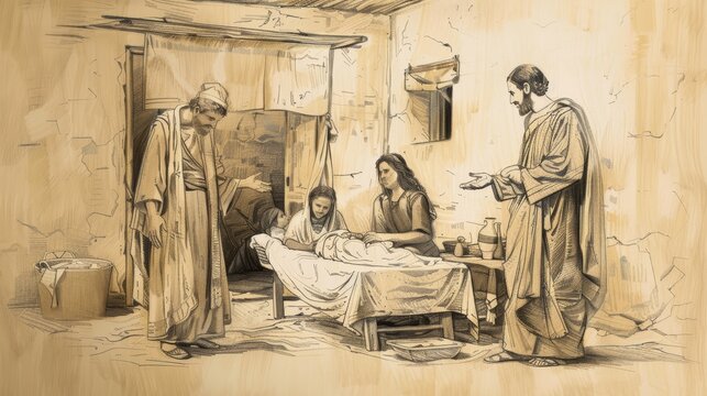 Biblical Illustration of Healing of Peter&rsquo;s Mother-in-law, Jesus in Humble Home, Capernaum, Beige Background, Copyspace