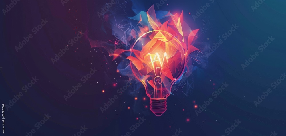 Poster design a dynamic logo featuring a lightbulb with abstract shapes symbolizing creativity and explorat