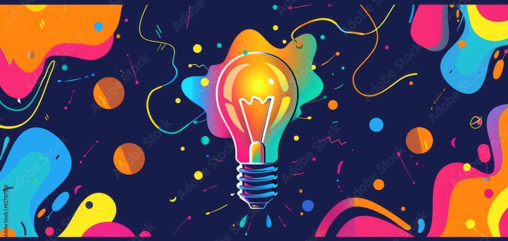 Poster design a dynamic logo featuring a lightbulb with abstract shapes symbolizing creativity and explorat