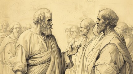 Fototapeta premium Biblical Illustration of Conversion of Cornelius, Peter Witnesses Holy Spirit Falling on All Present, Beige Background, Copyspace