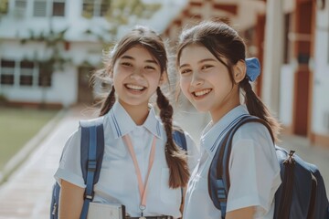 Obraz premium Cute schoolgirls smiling before entering the school building