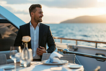 Smiling businessman holding a glass of wine while hosting a corporate event on a luxurious yacht during sunset