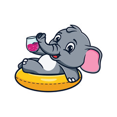 cartoon illustration design of a cute and kawaii elephant relaxing on a float