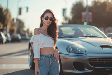 Elegant young woman in sunglasses strikes a pose next to a highend sports car on a sunlit city...
