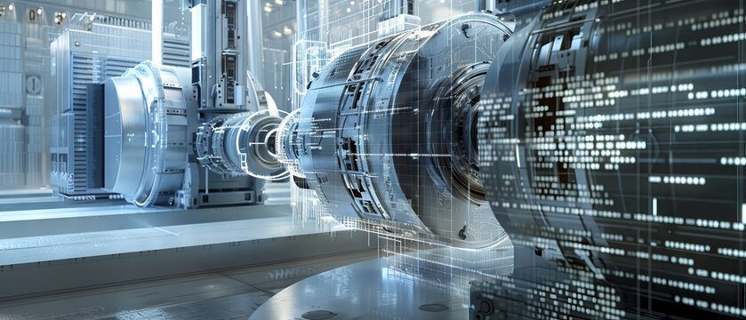 Design a dynamic scene featuring a virtual model of a complex industrial machine being fine-tuned in a digital environment