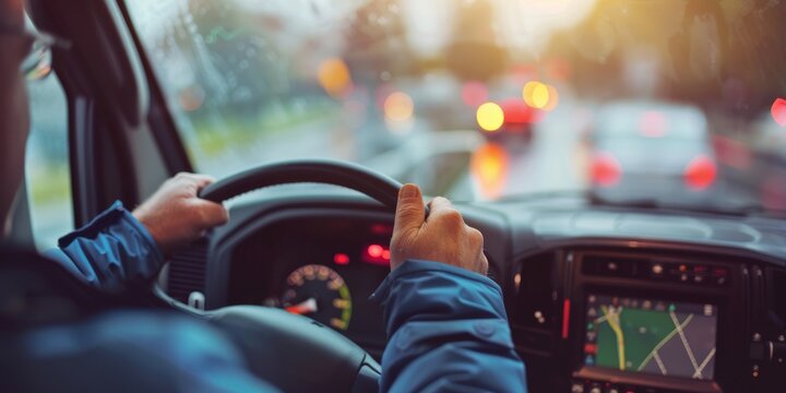 The photo shows a person driving a car on a rainy day