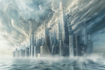 Design a futuristic city skyline with resilient architecture amidst a natural disaster backdrop...
