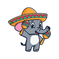 Obraz premium cartoon illustration design of cute and kawaii elephant with sombrero hat