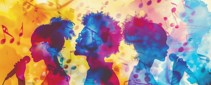 Three colorful woman singing with music notes.