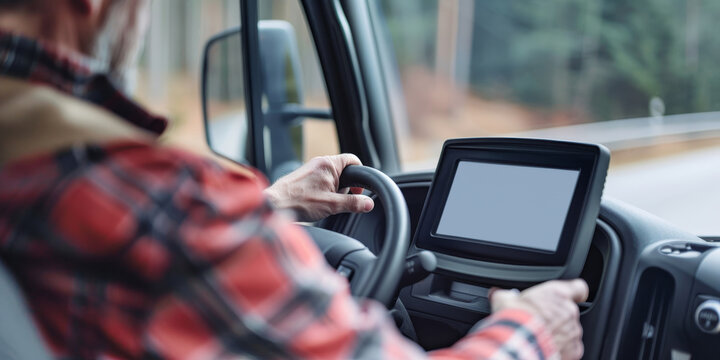 trucker using navigation system while driving semi truck