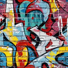 A close-up of stylized graffiti tags on a brick wall, showcasing intricate lettering and vibrant color combinations in an urban alley