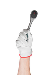 Isolated hand holding wrench. White background with repair equipment concept. Tool for arm and metal finger object. Work technology and care with glove. Hardware mechanic in, transparent background