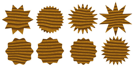 Set of brown starburst stamps on white background. Badges and labels various shapes. Wooden texture. 3d illustration	