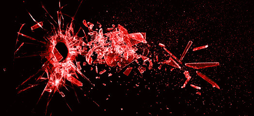 Broken red glass on the black background. The hole from the shot in the glass. Isolated realistic cracked glass effect. 3d illustration	