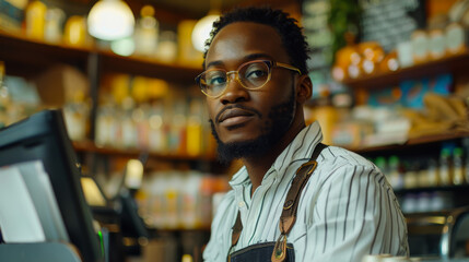 Obraz premium Portrait of an African American man in an apron standing behind a bar in a small cafe. A young black man works as a cashier indoors. Business and money concept. Consumerism.