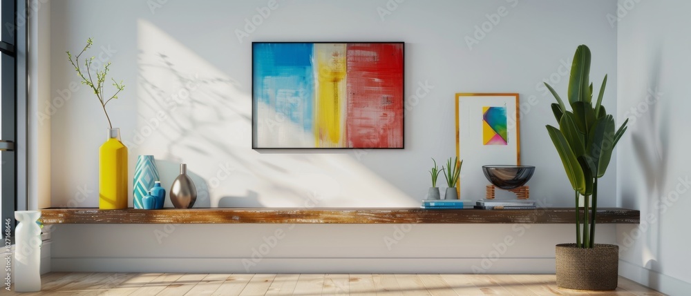 Poster design a minimalist floating shelf showcasing a collection of colorful art objects in a bright