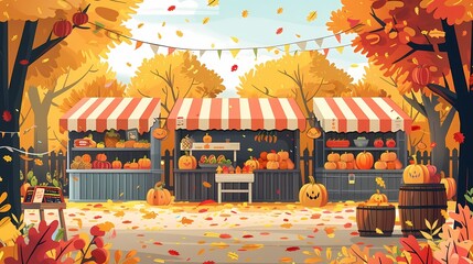 Design a flat style autumn harvest festival with various stalls and activities