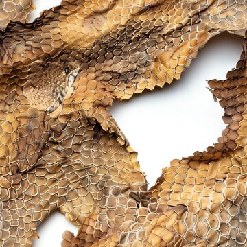 A high-resolution image of dry snake skin shedding, isolated on a white background, emphasizing texture and natural process